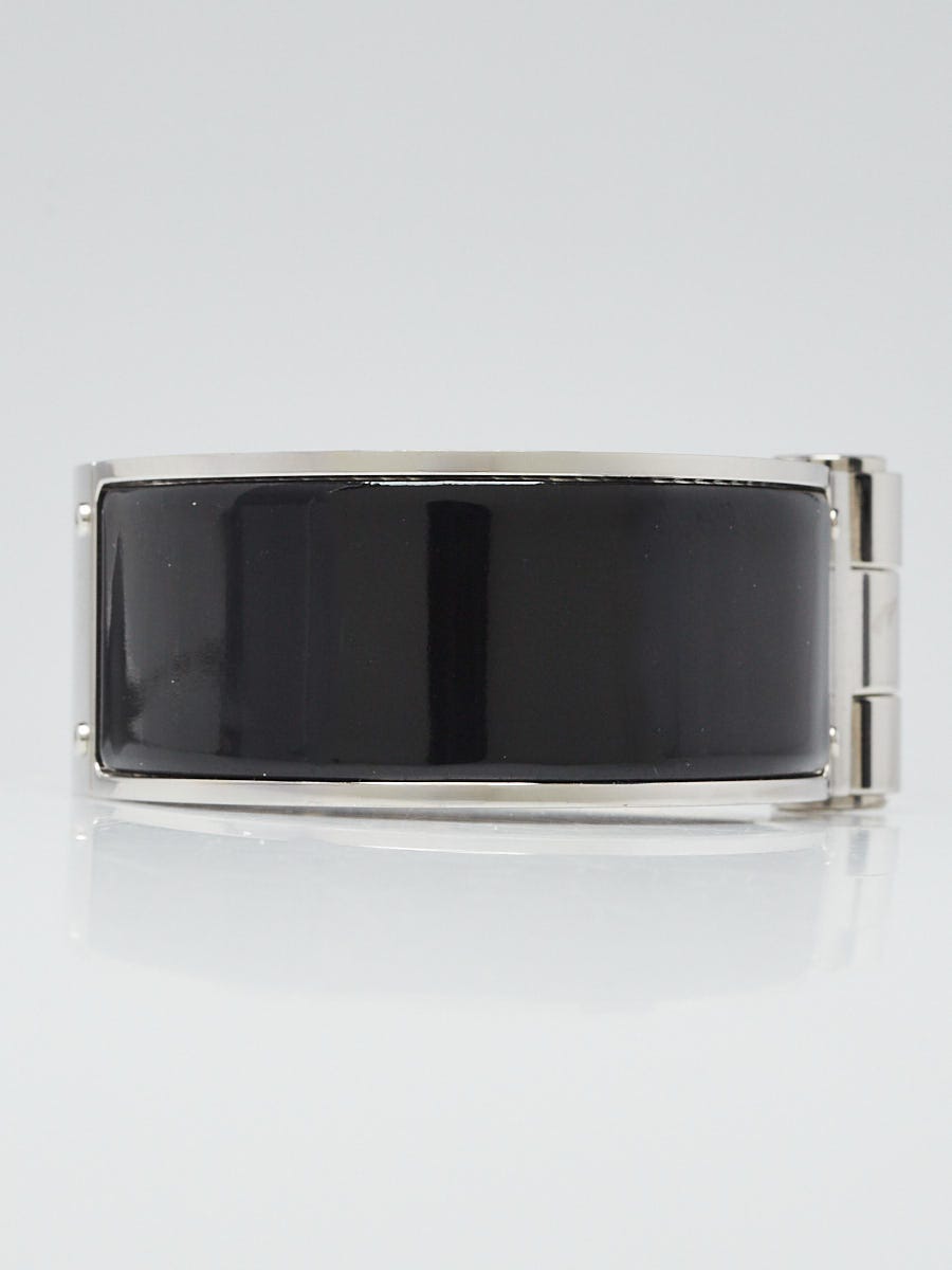 Hermes Black Enamel Enamel Palladium Plated Charniere Wide Bracelet