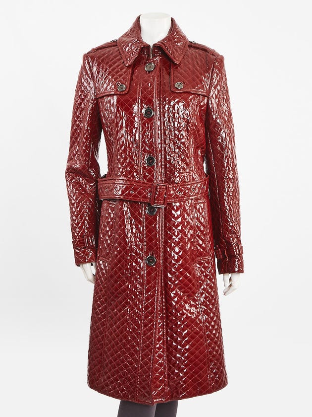 Burberry Red Diamond Quilted Glazed Lambskin Long Trench Coat Size 10/44