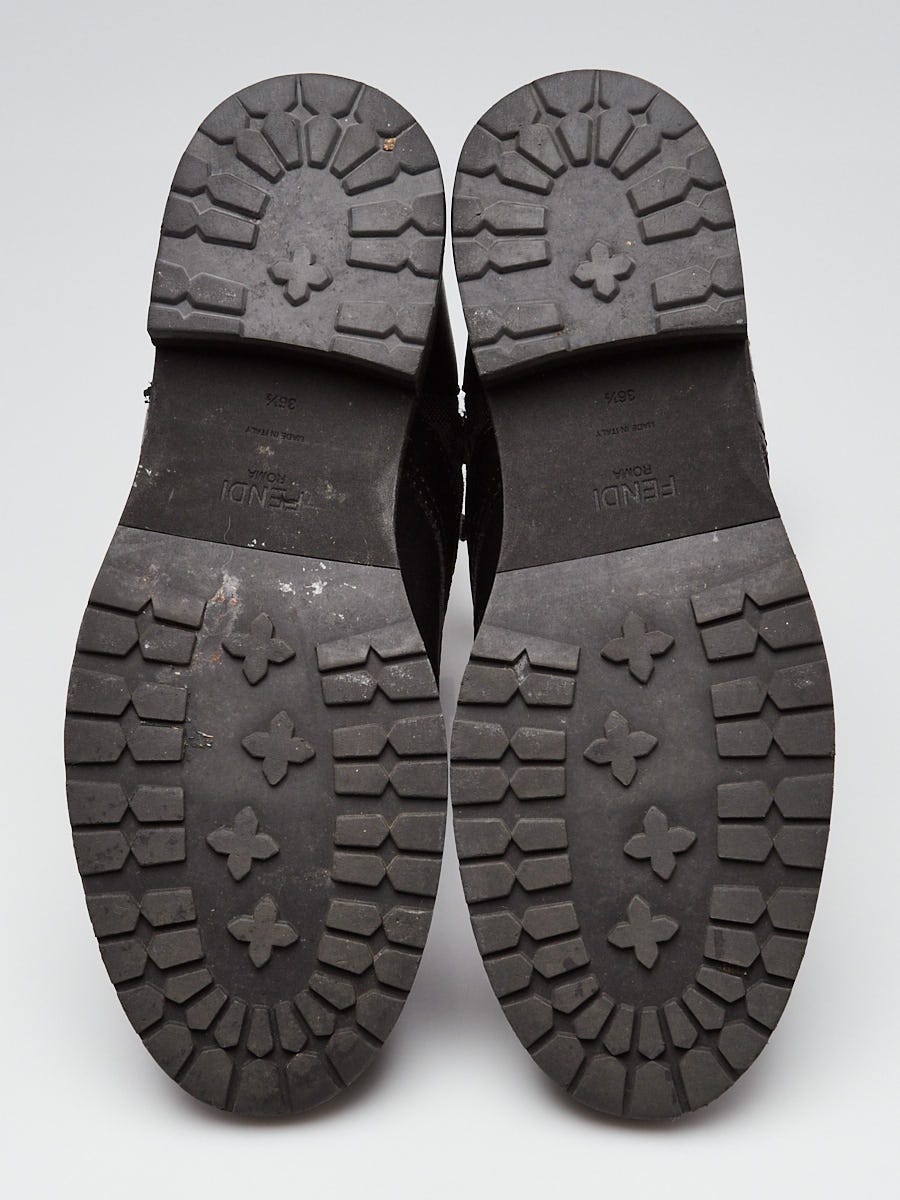 Fendi Black Leather Knit Karligraphy Combat Boots Size 6/36.5