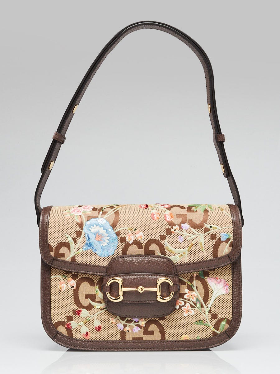 Gucci Beige/Ebony Jumbo GG Canvas/Leather Floral Embroidered