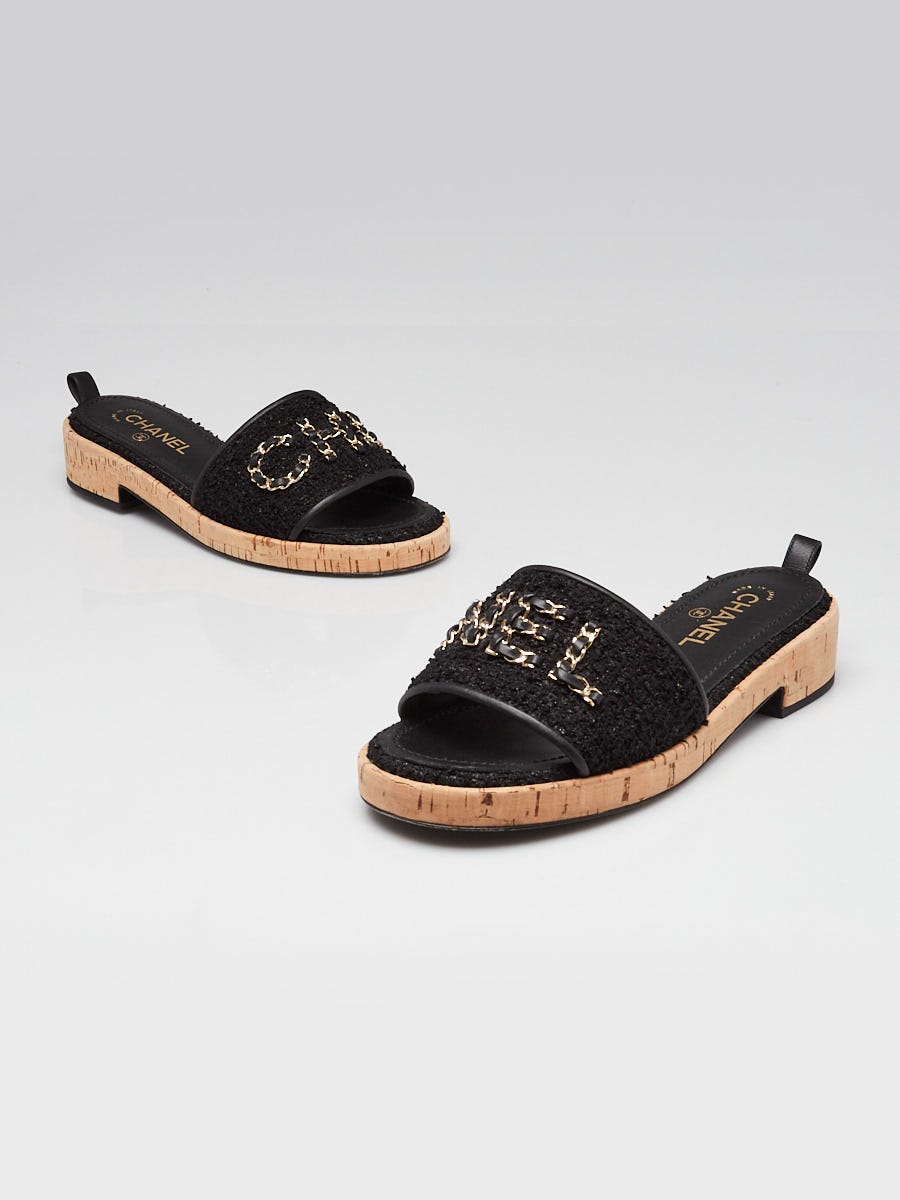 Chanel Black Tweed and Chain-link Logo Slide Sandals Size 9.5/40