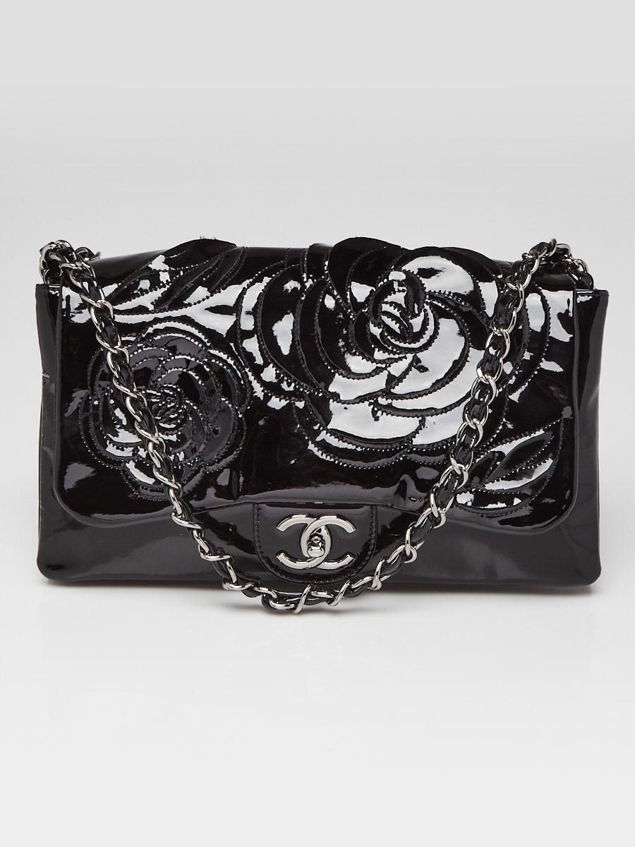 CHANEL フラワー柄 クラッチバッグ Chanel Black Patent Leather Paris-Shanghai Tweed Petals Flap Bag