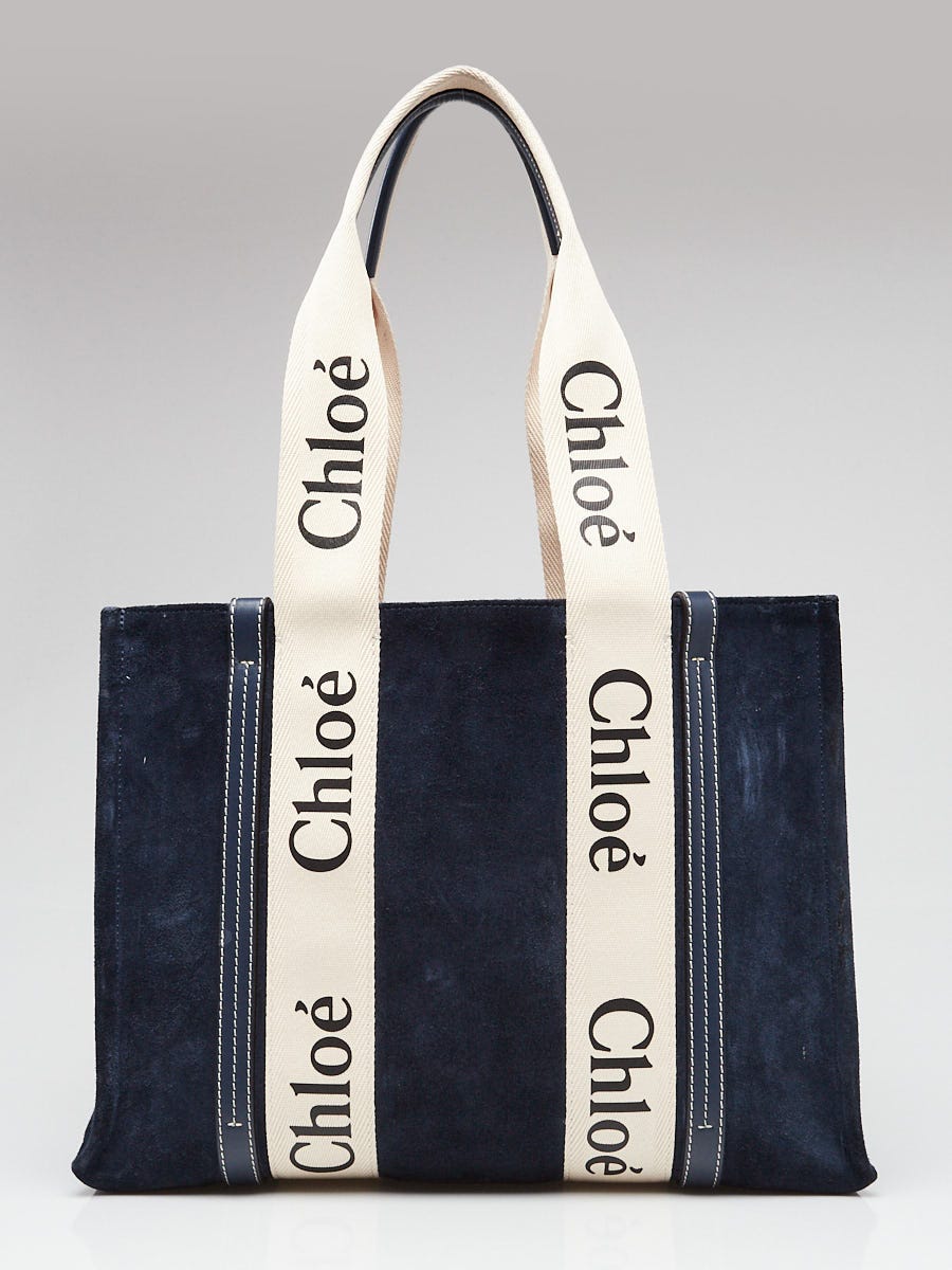 Chloe Blue Suede/Canvas Medium Woody Tote Bag | Yoogi's Closet
