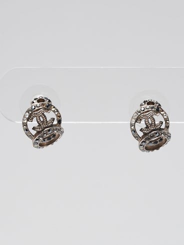 Chanel Silver Metal Strass/Black Crystal Mini CC Earrings