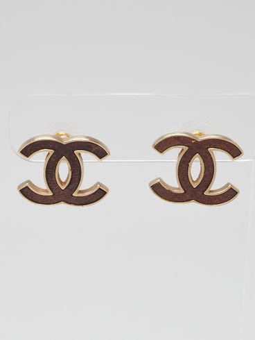 Chanel Goldtone Metal Leather CC Stud Earrings