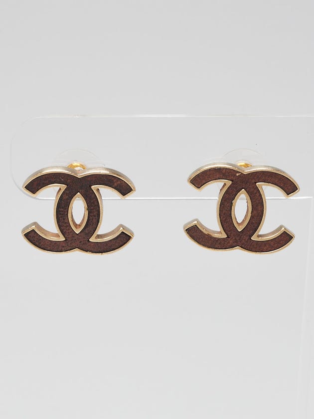 Chanel Goldtone Metal Leather CC Stud Earrings