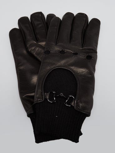Gucci Black Lambskin Leather Ribbed Cuff Gloves Size S/8