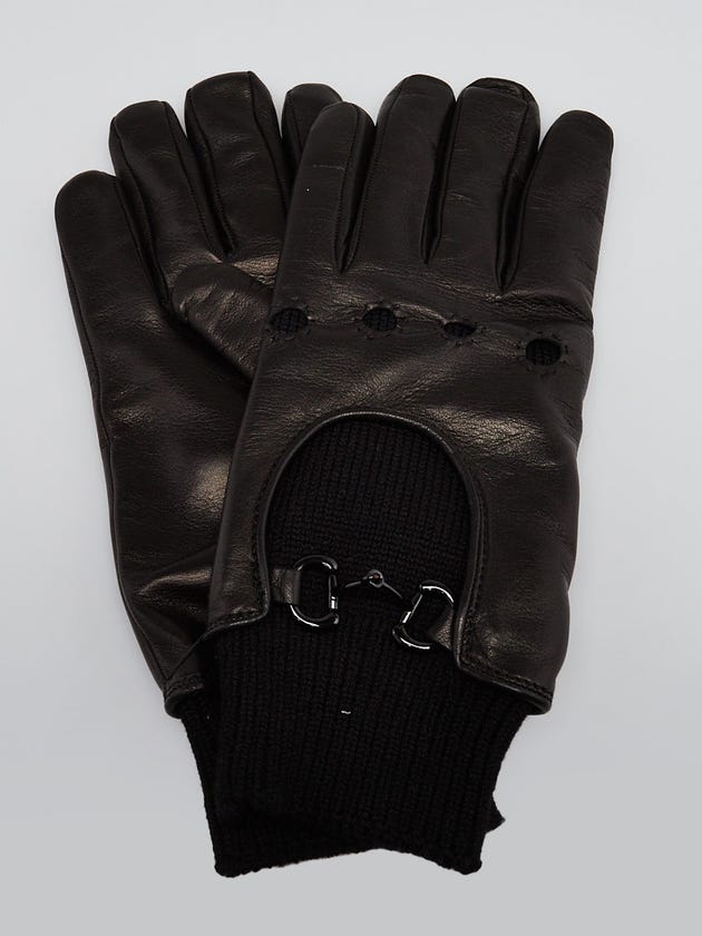 Gucci Black Lambskin Leather Ribbed Cuff Gloves Size S/8