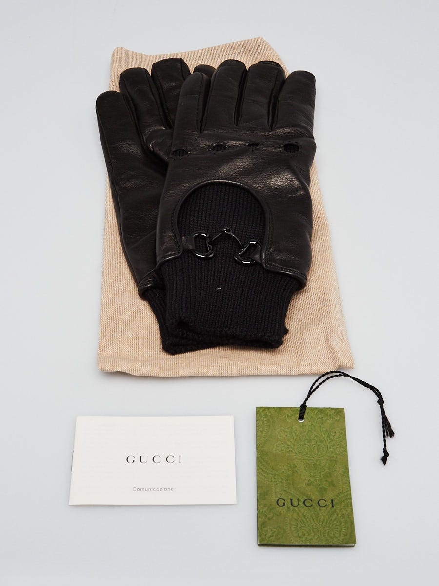 Gucci Black Lambskin Leather Ribbed Cuff Gloves Size S/8