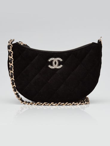 Chanel Black Quilted Velvet Crystal Chain Hobo Bag
