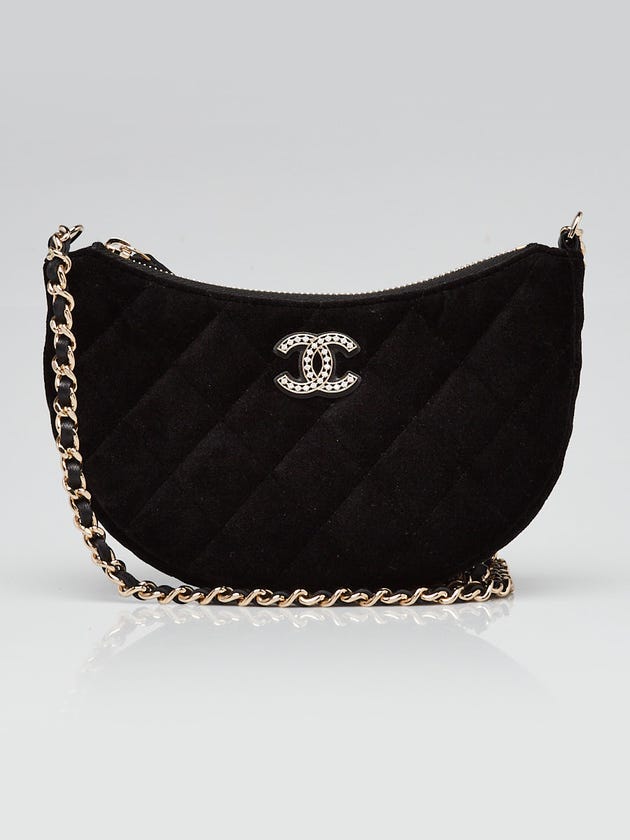 Chanel Black Quilted Velvet Crystal Chain Hobo Bag