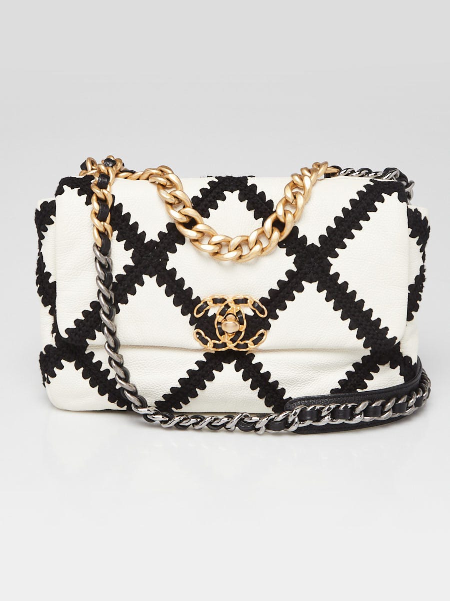 Chanel White/Black r Calfskin Leather Crochet Tweed Small Chanel