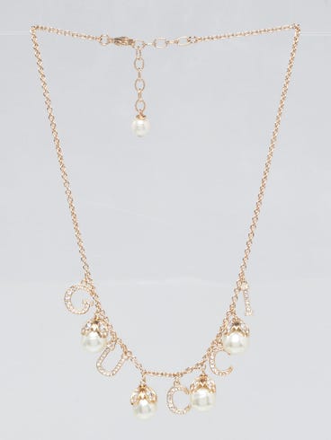 Gucci Crystal Embellished and Faux Pearl Logo Necklace