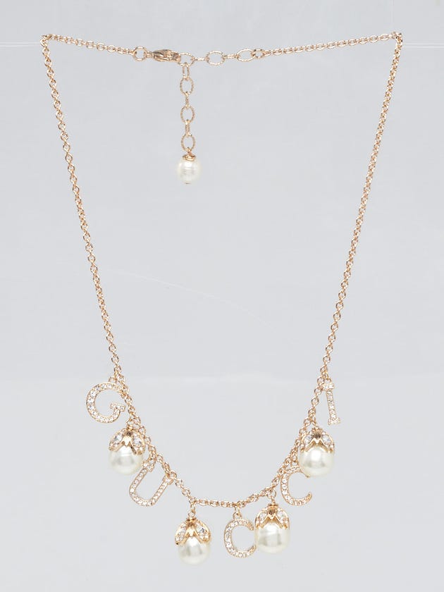 Gucci Crystal Embellished and Faux Pearl Logo Necklace