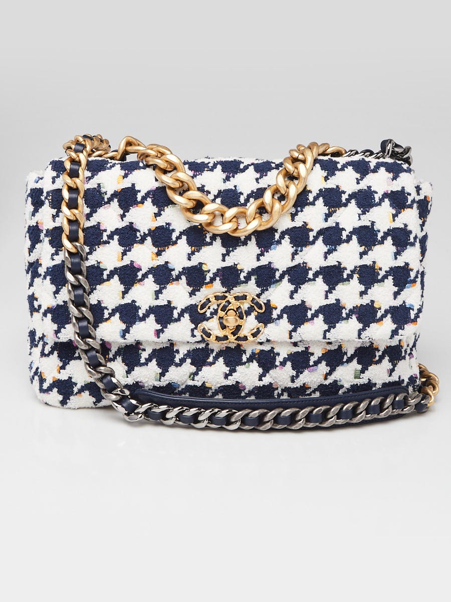 Chanel Blue/White Quilted Houndstooth Tweed Chanel 19 Large Flap