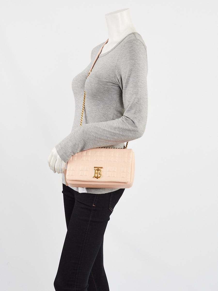 Burberry Peach Pink Quilted Check Lambskin Leather Small Lola Bag