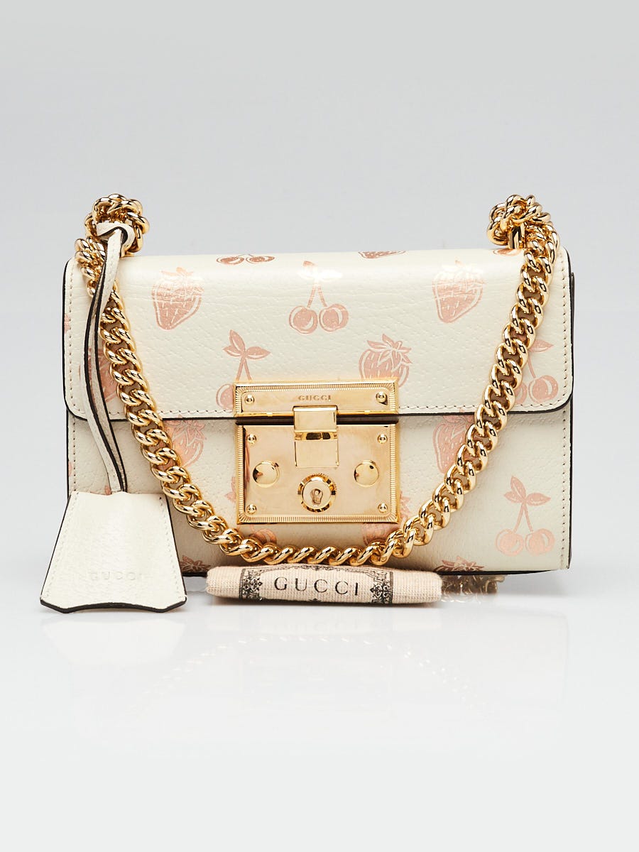 Gucci White Leather Metallic Fruit Print Small Padlock
