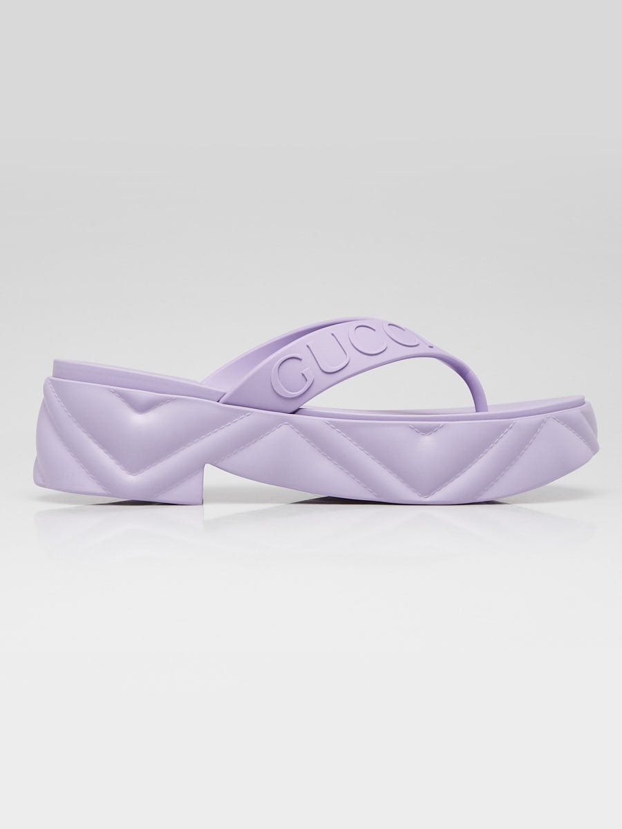 Gucci Purple Embossed Rubber Logo Platform Thong Sandals Size 5.5