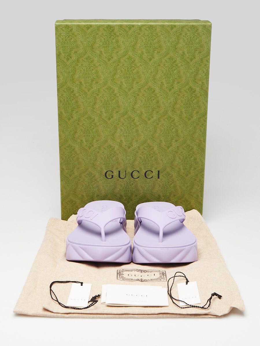 Gucci Purple Embossed Rubber Logo Platform Thong Sandals Size 5.5