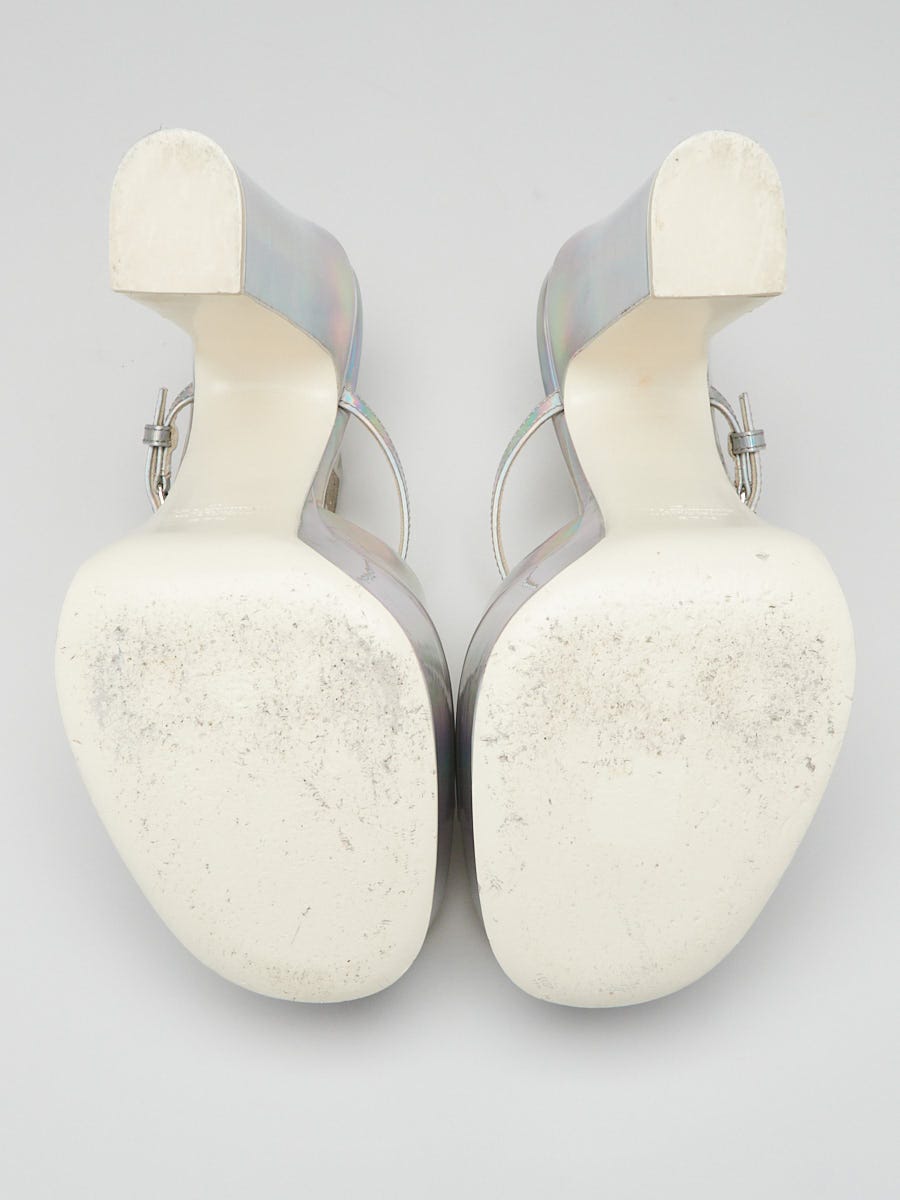 Valentino Silver Patent Leather Tan-Go Platform Peep Toe Sandals Size 7/37.5