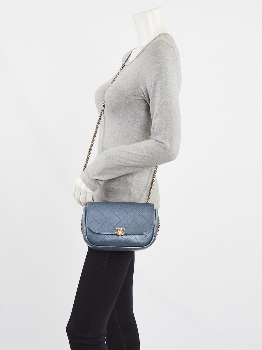 Chanel Metallic Blue Goatskin Leather Stitched Casual Trip Bag