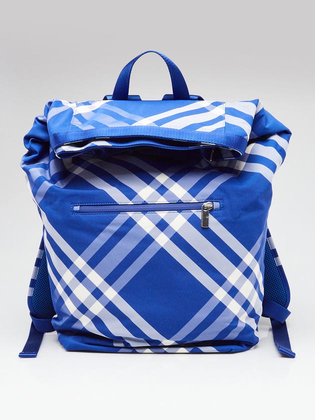 Burberry Blue/White Check Nylon Knight Roll Backpack Bag