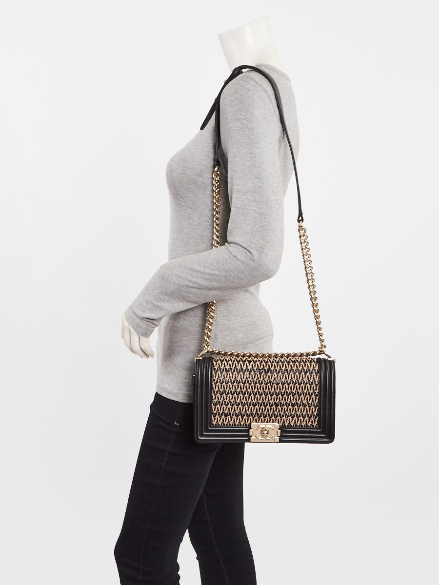 Chanel Black Woven Raffia and Lambskin Leather Medium Boy Bag