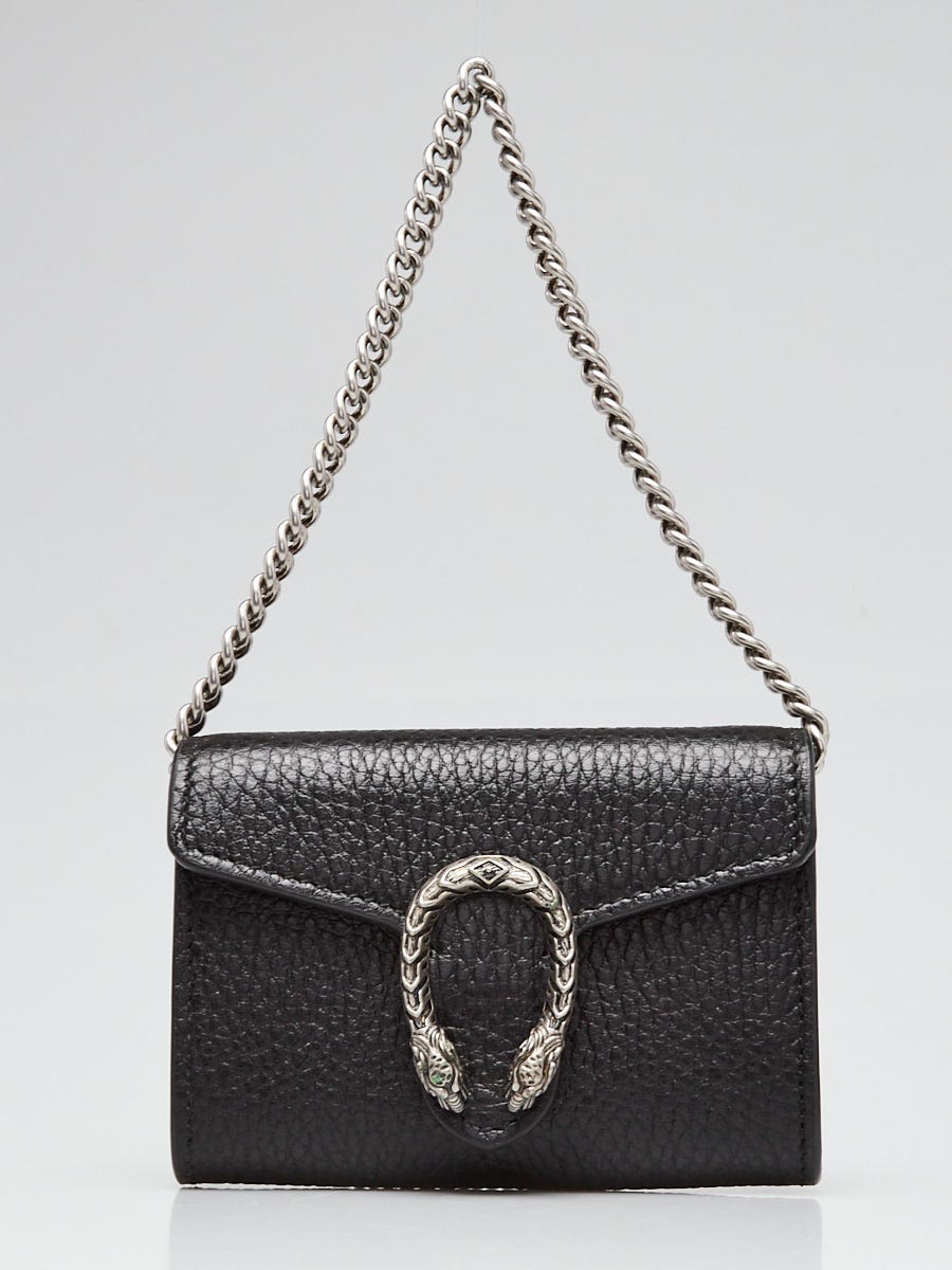 Gucci Black Pebbled Leather Dionysus Mini Card Holder On Chain Wallet