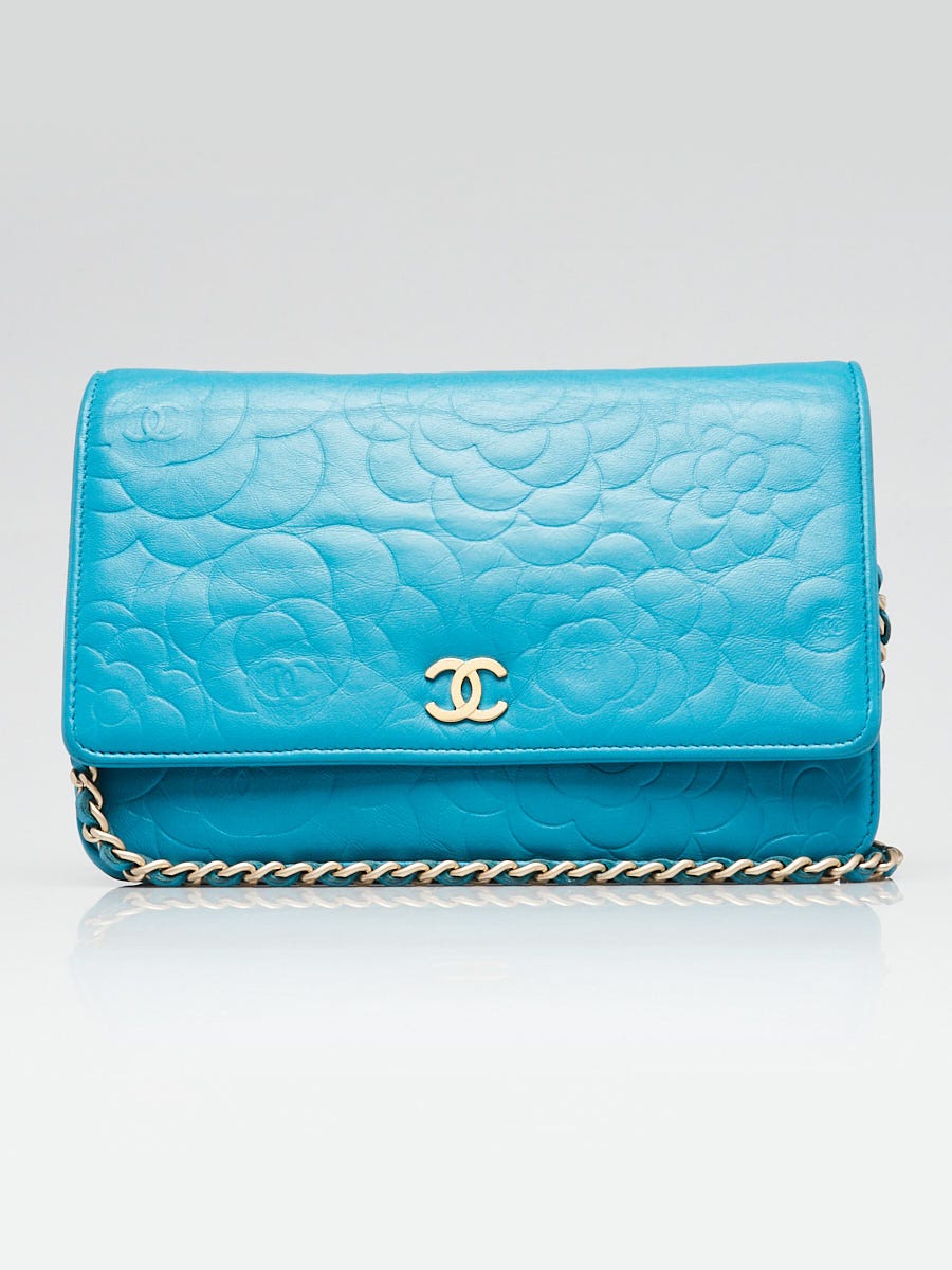 Chanel Blue Lambskin Leather Camellia Embossed WOC Clutch Bag