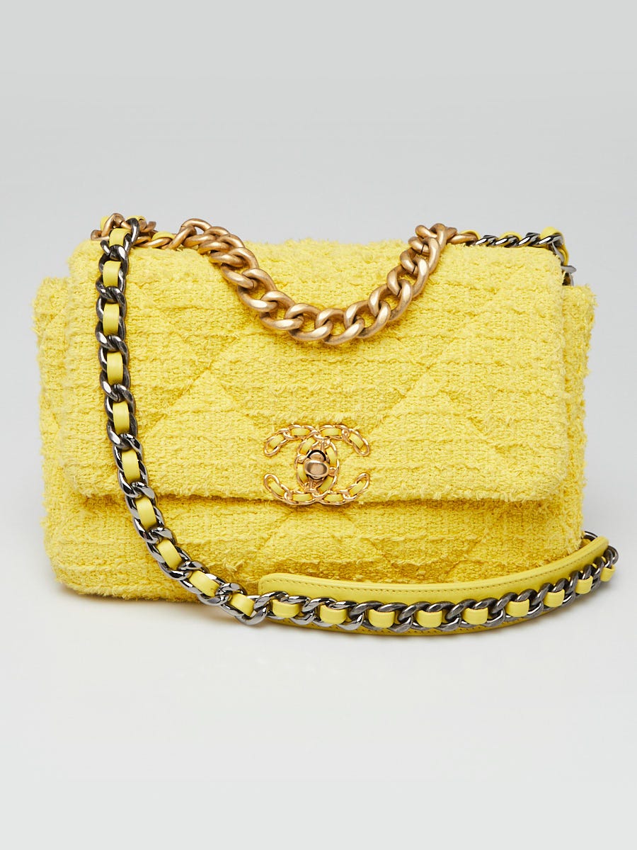Chanel Yellow/Beige Quilted Tweed Small Chanel 19 Bag | Yoogi's Closet