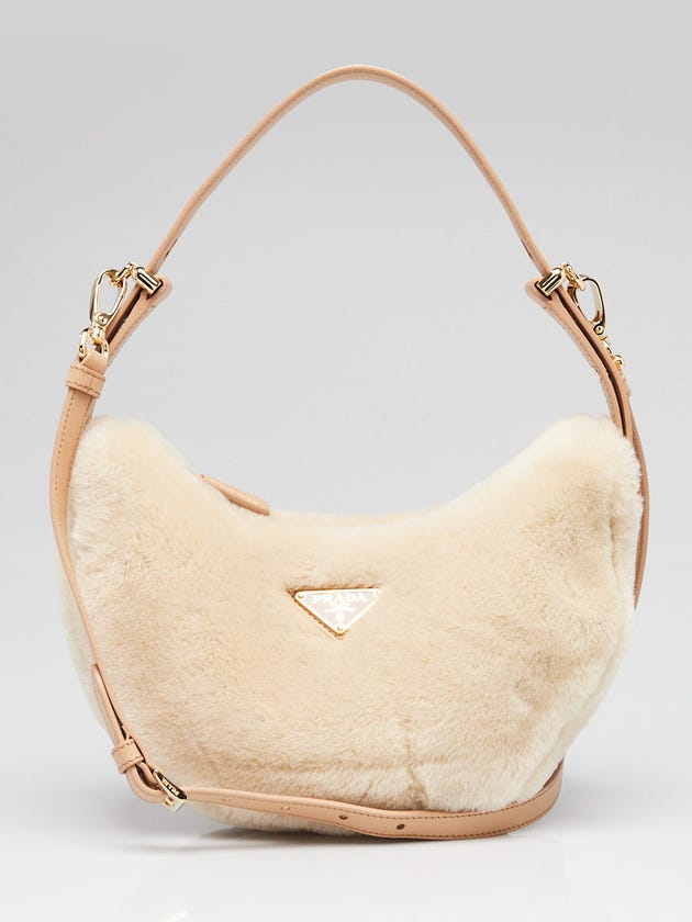 Prada Ecru/Noisette Shearling and Leather Arque Shoulder Bag