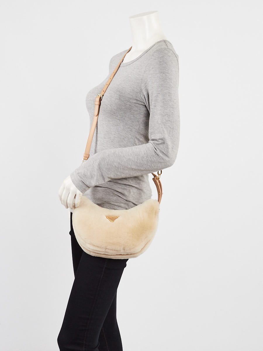 Prada Ecru/Noisette Shearling and Leather Arque Shoulder Bag