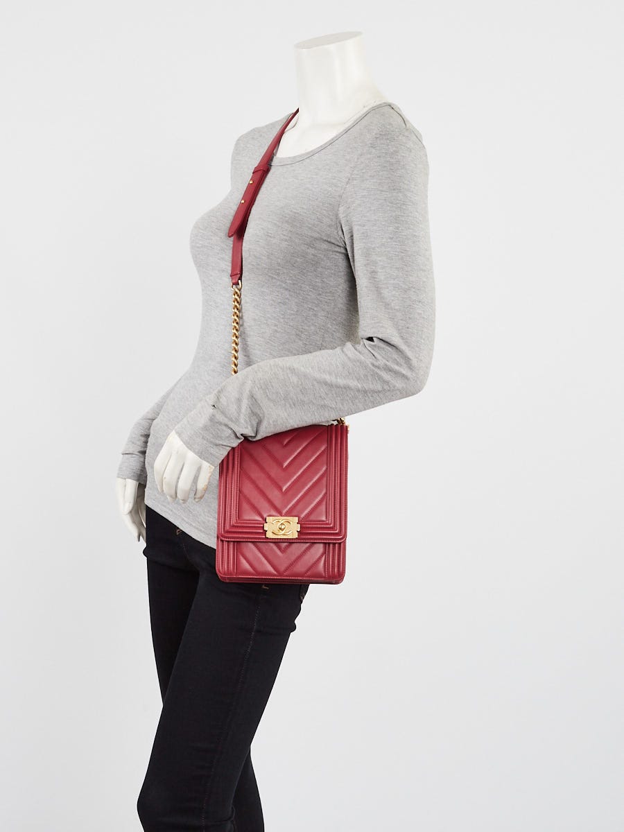 Chanel Red Chevron Quilted Lambskin Leather North/South Boy Bag