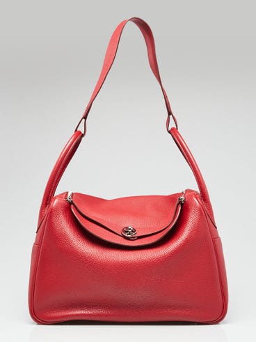 Hermes 34cm Rouge Casaque Clemence Leather Palladium Plated Lindy Bag