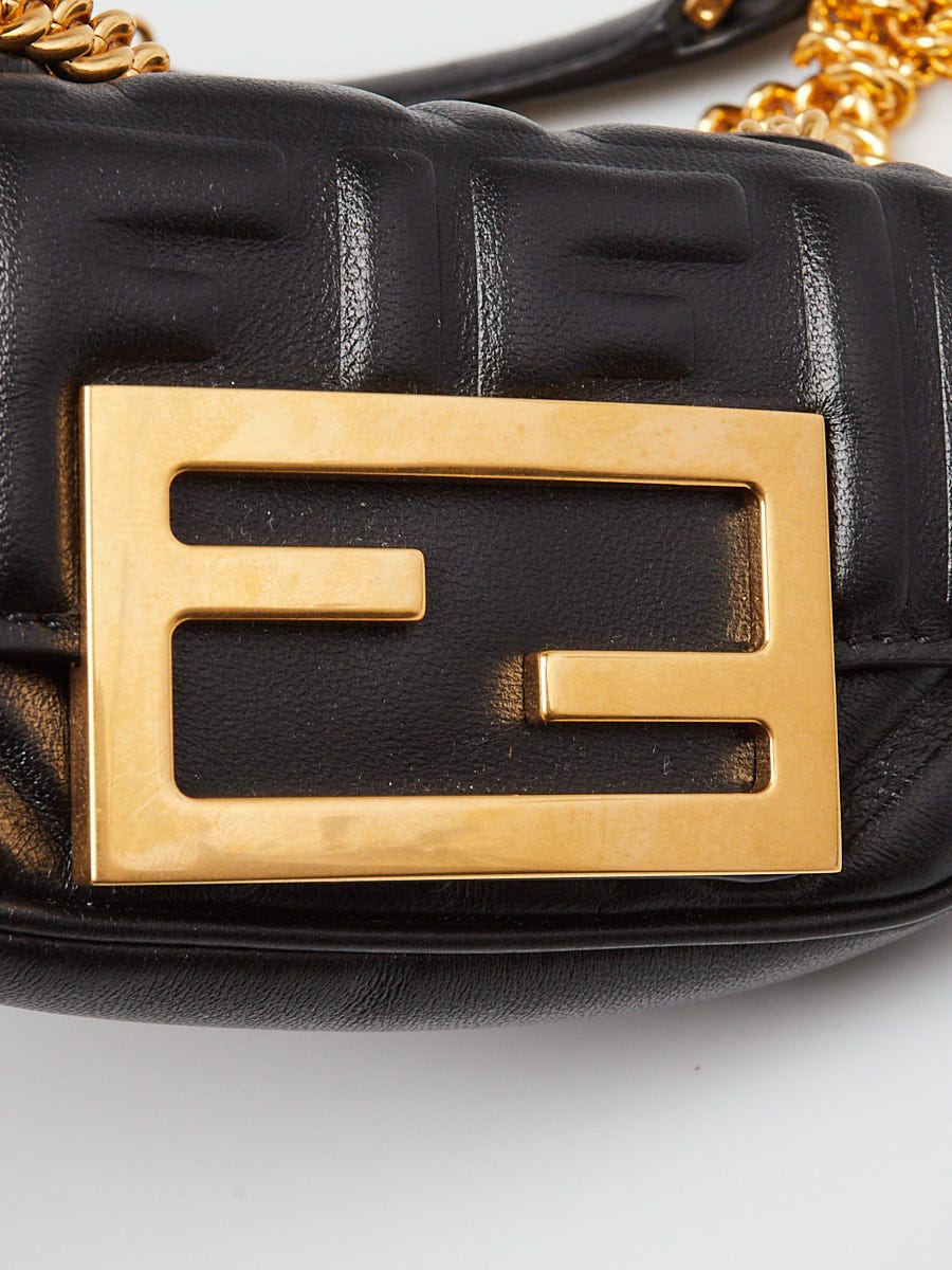 Fendi Black Embossed Stitched Leather Nano Baguette Chain