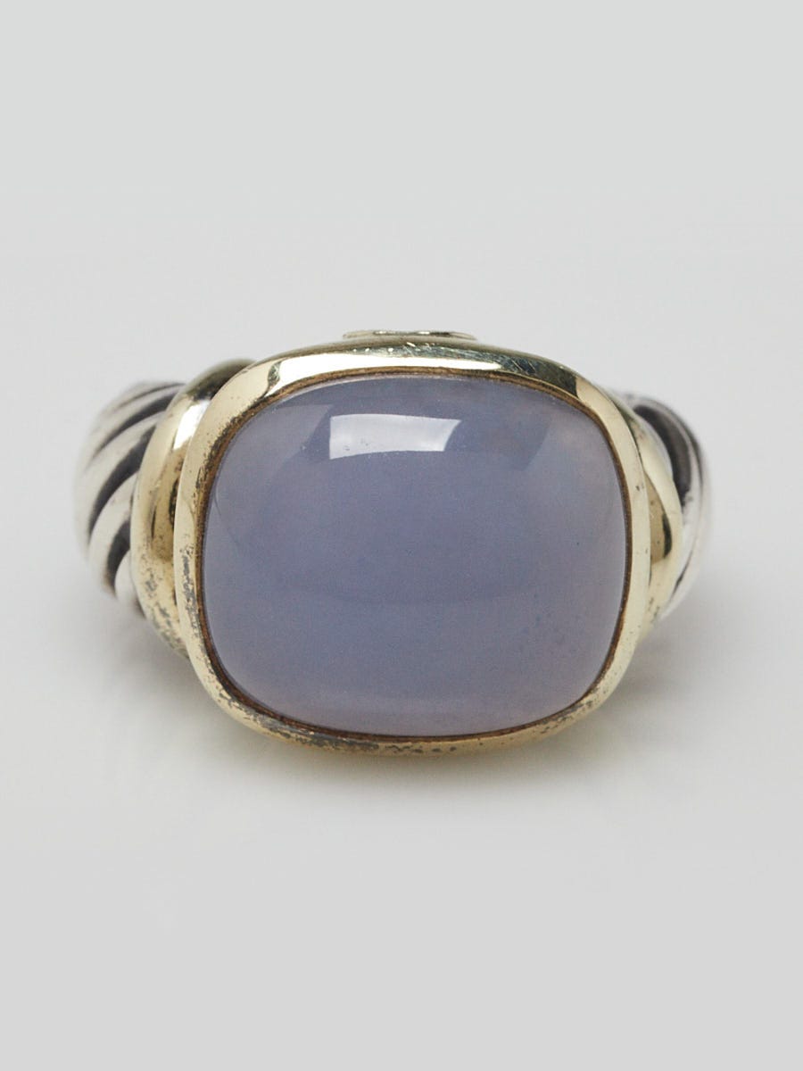 David Yurman 14K Gold/Sterling Silver Cable Chalcedony Noblesse Cocktail Ring Size 6