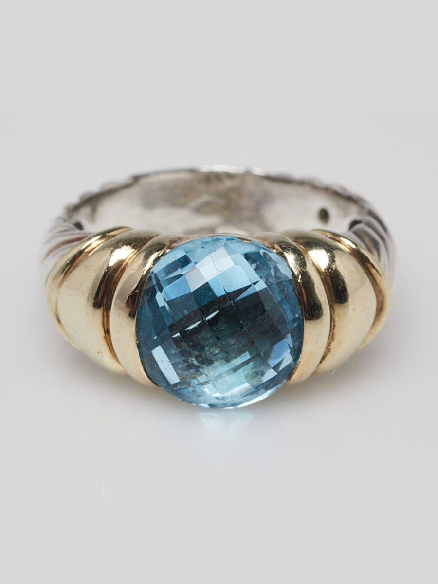 David Yurman 14K Gold Sterling Silver and Blue Topaz Capri Cocktail Ring Size 6