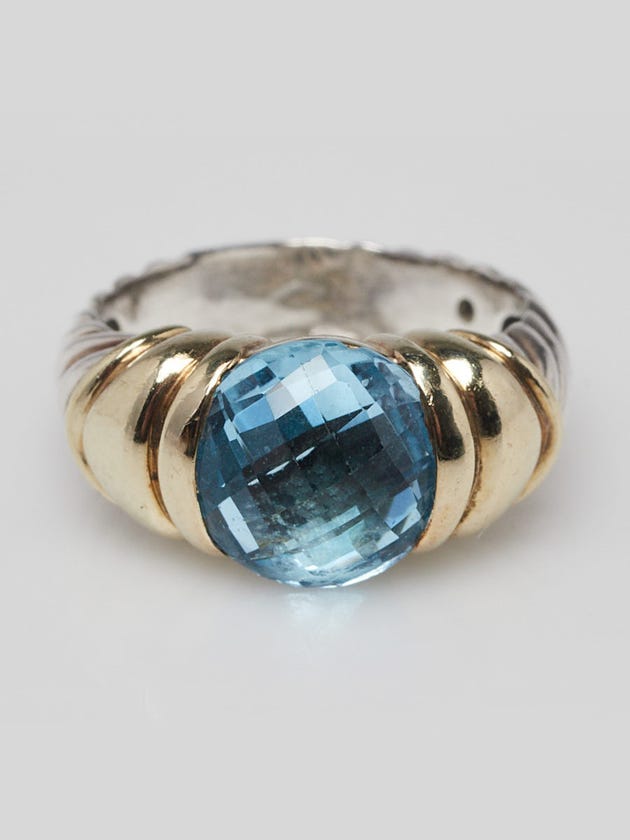 David Yurman 14K Gold Sterling Silver and Blue Topaz Capri Cocktail Ring Size 6