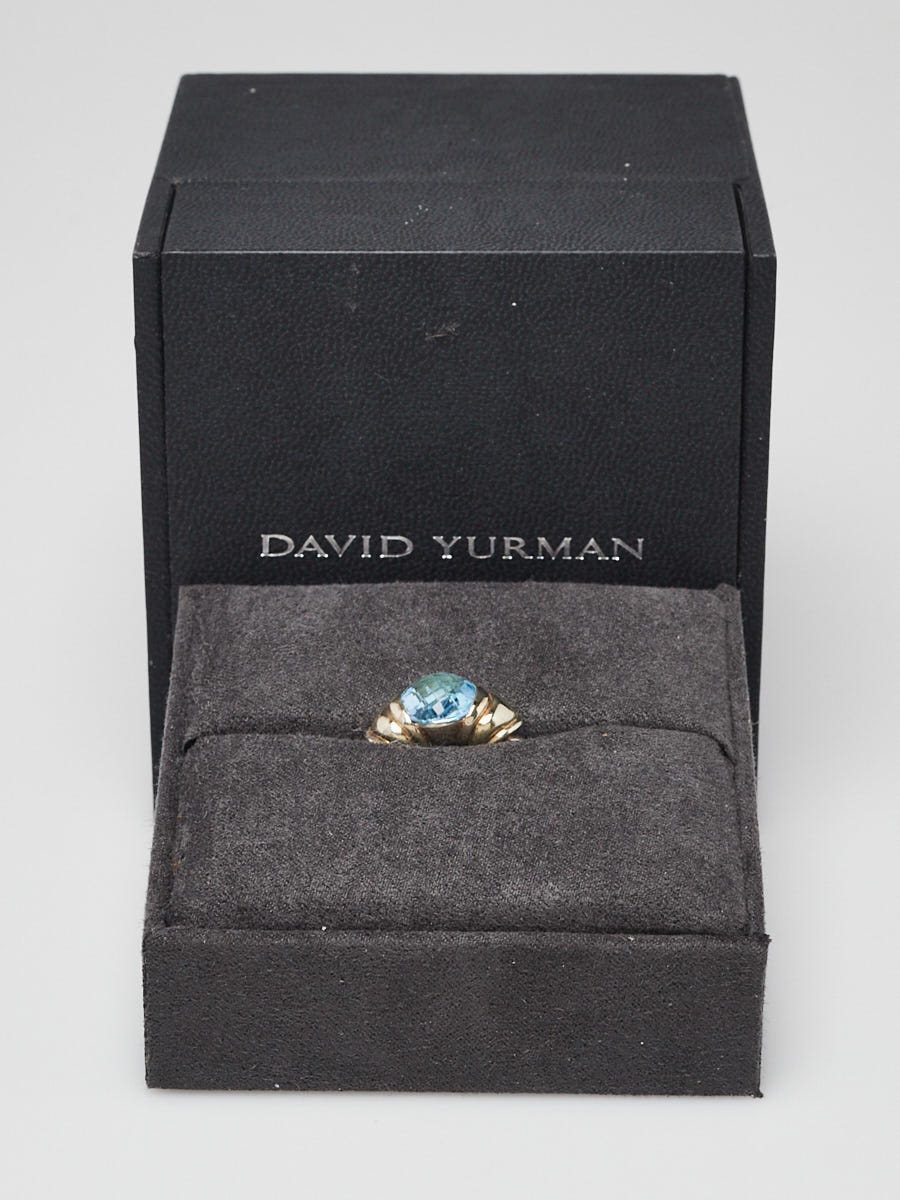 David Yurman 14K Gold Sterling Silver and Blue Topaz Capri Cocktail Ring Size 6