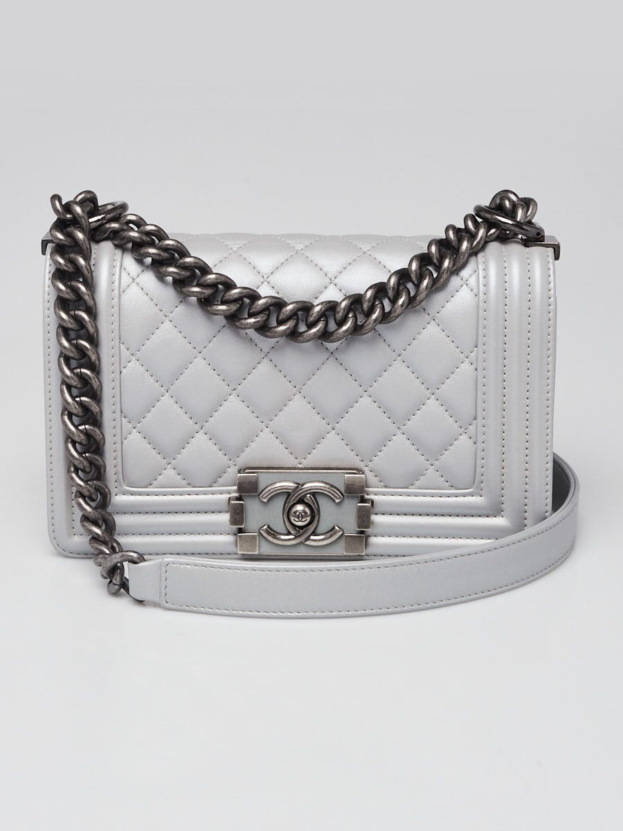 Chanel Silver Quilted Lambskin Leather Small Boy Bag