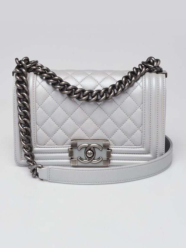 Chanel Silver Quilted Lambskin Leather Small Boy Bag