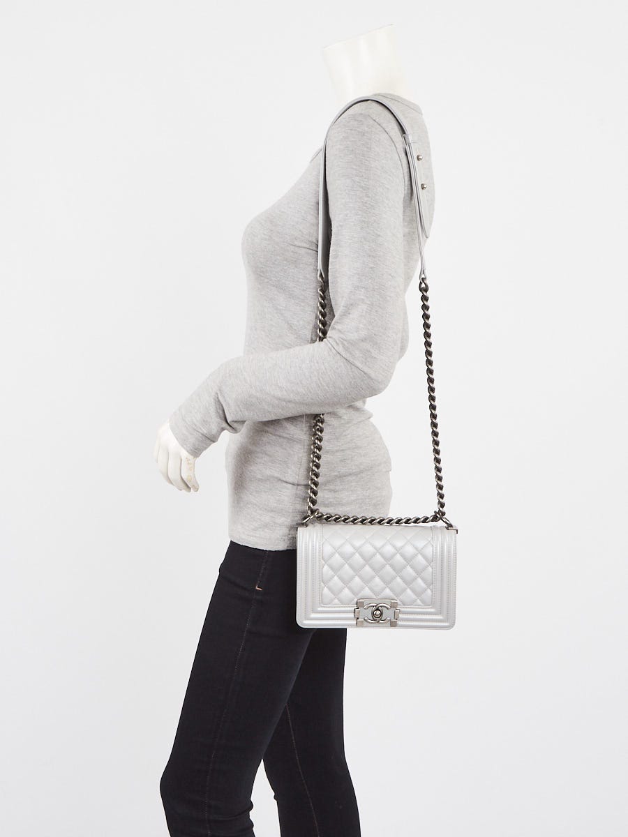 Chanel Silver Quilted Lambskin Leather Small Boy Bag