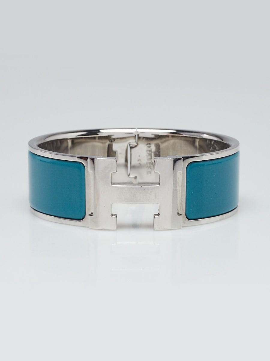 Hermes Blue Enamel Palladium Plated Clic-Clac H PM Wide Bracelet