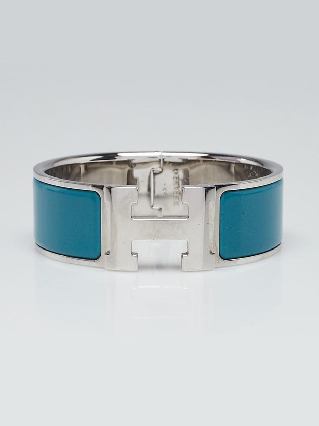 Hermes Blue Enamel Palladium Plated Clic-Clac H PM Wide Bracelet