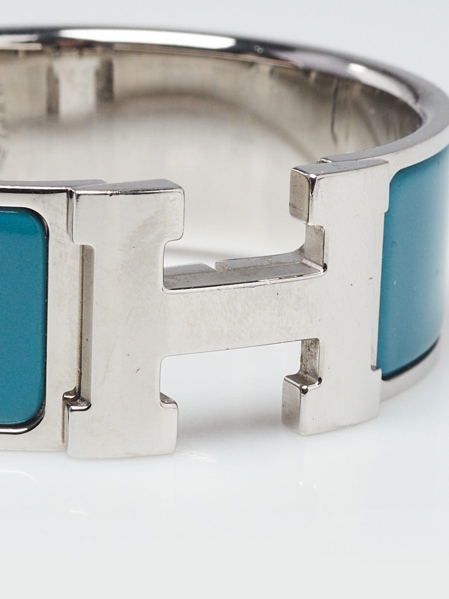 Hermes Blue Enamel Palladium Plated Clic-Clac H PM Wide Bracelet