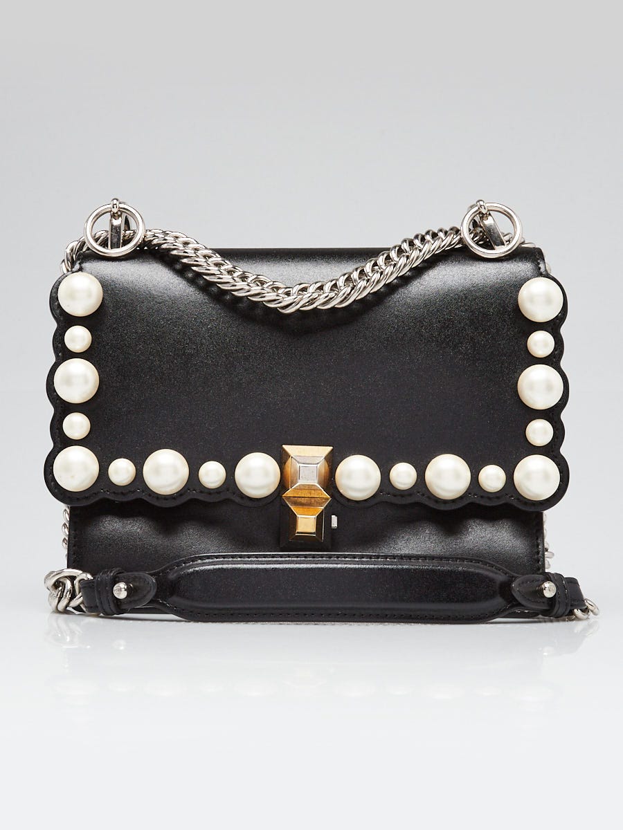 Fendi Black Scalloped Leather and Pearls Mini I Kan Chain