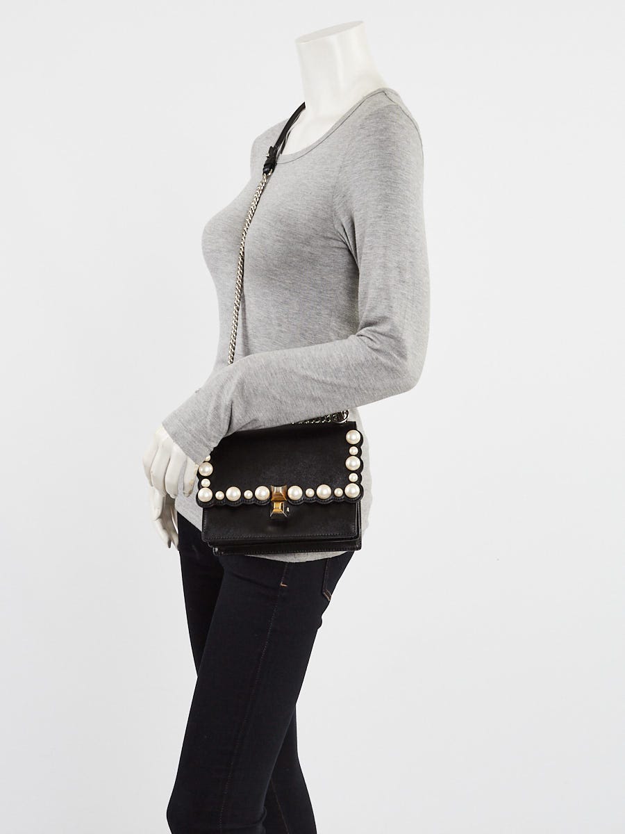 Fendi Black Scalloped Leather and Pearls Mini I Kan Chain