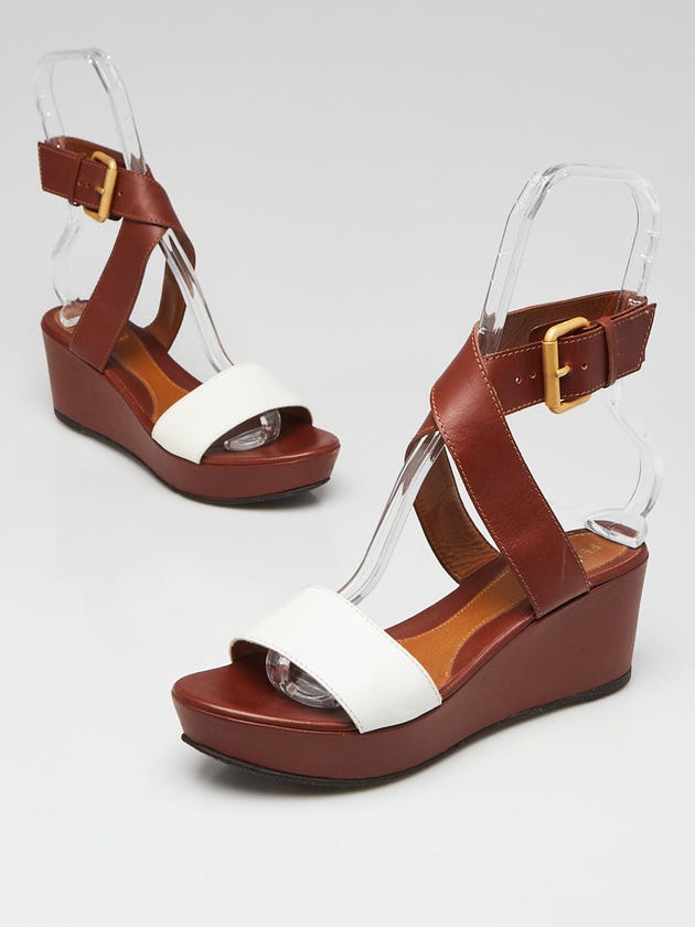 Fendi Brown/White Leather Ankle Wrap Wedge Sandals Size 7.5/38