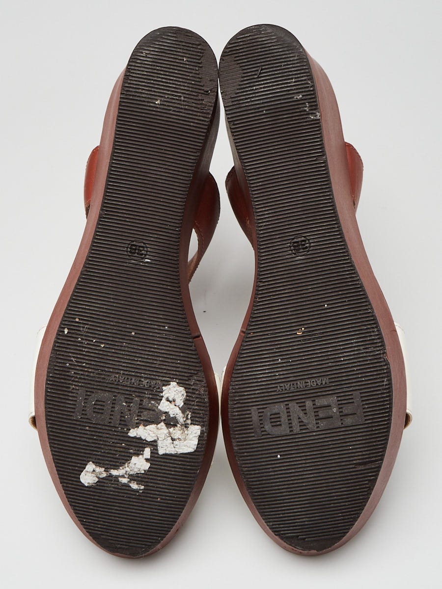 Fendi Brown/White Leather Ankle Wrap Wedge Sandals Size 7.5/38