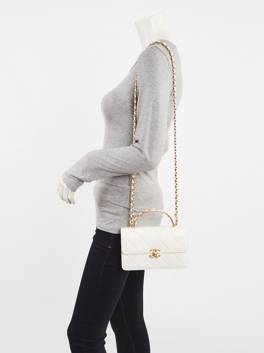 Chanel White Quilted Lambskin Leather CC Chain Top Handle Mini